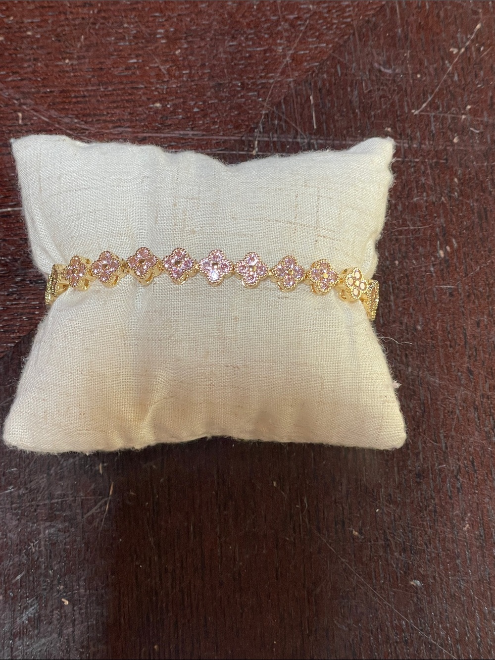 Gold-Plated Pink Crystal Flower Link Bracelet 8”